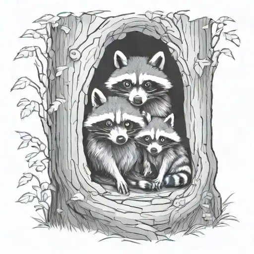 racoons looking out of a hole tree inside tattoo design idea