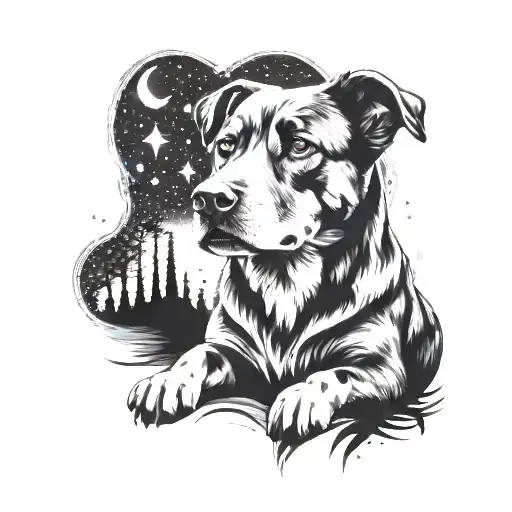 A black-grey tattoo of a loyal dog sitting by a campfire under a starry night sky tattoo design idea