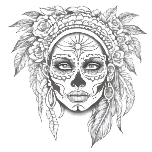 abstract sugar skull native american woman face tattoo design idea