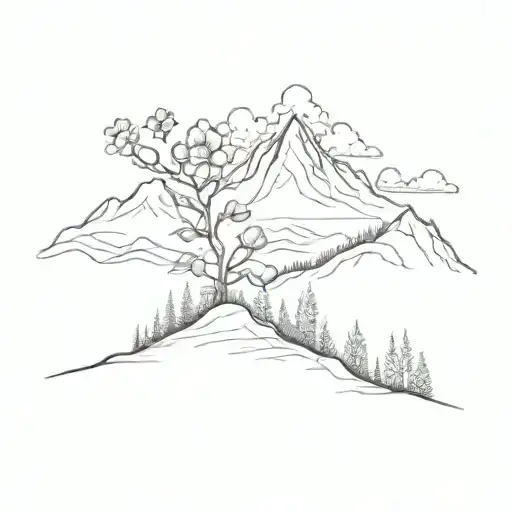 small flowers on mountain range silhouette tattoo design idea