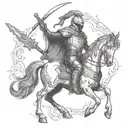 a hooded knight wielding a fire sword while riding a Capricorn  tattoo design idea