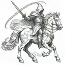 a hooded knight wielding a fire sword while riding a Capricorn  tattoo design idea