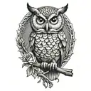 owl perched on a branch tattoo design idea
