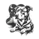 A black-grey tattoo of a loyal dog sitting by a campfire under a starry night sky tattoo design idea