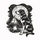 A black-grey tattoo of a loyal dog sitting by a campfire under a starry night sky tattoo design idea