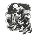 A black-grey tattoo of a loyal dog sitting by a campfire under a starry night sky tattoo design idea