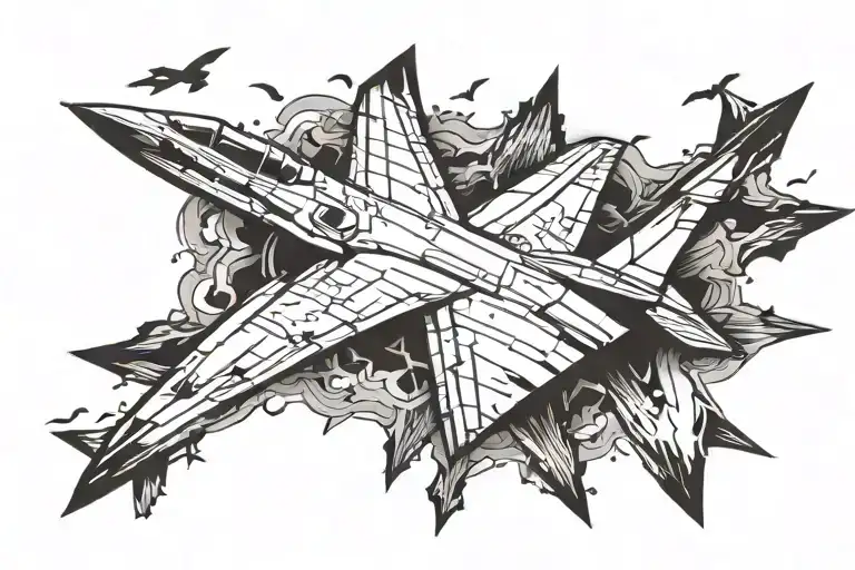 birds fly and transform into fighter jet flying tattoo design idea