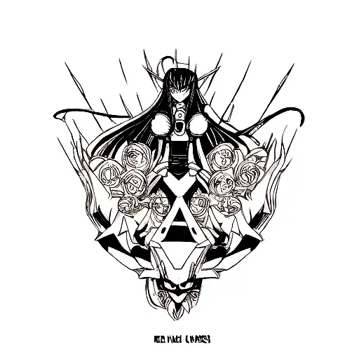 combine code geass, dragon ball, one piece, demon slayer, no game no life, naruto, that time i got reincarnates as a sli tattoo design idea