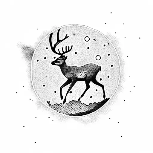 A dotwork tattoo of a deer leaping over the moon tattoo design idea