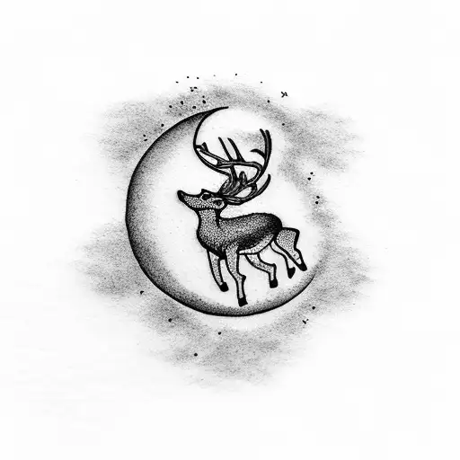 A dotwork tattoo of a deer leaping over the moon tattoo design idea