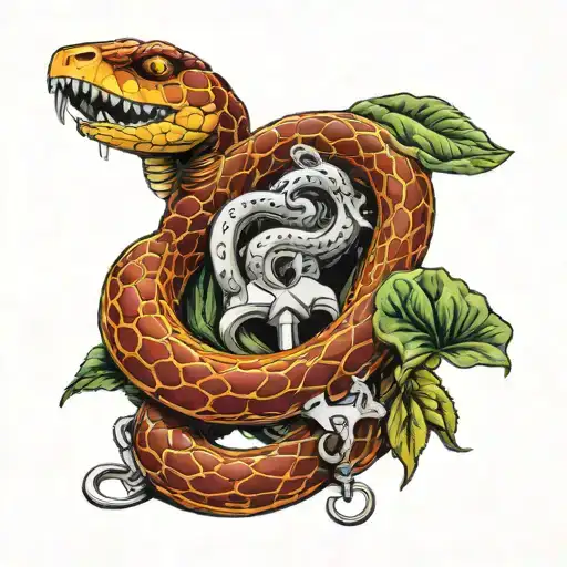 key, snake, twins on the ribs tattoo design idea