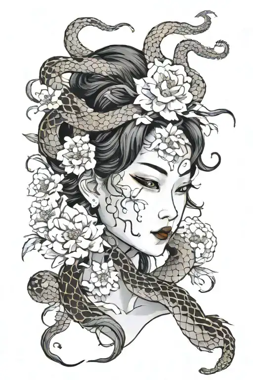 black grey namakubi severed female head with flowers and snakes tattoo design idea