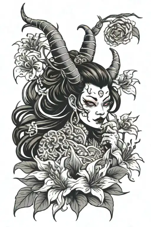 blackwork tattoo female oni demon with spider lily flowers tattoo design idea