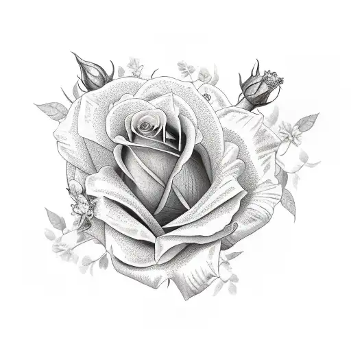 rose, hibiscus, and violet bouquet  tattoo design idea