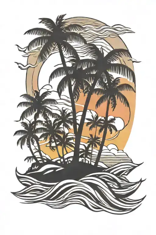 tropical island beach with palm trees, waves and sunset tattoo design idea