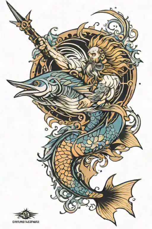 neptune with sailfish tattoo design idea