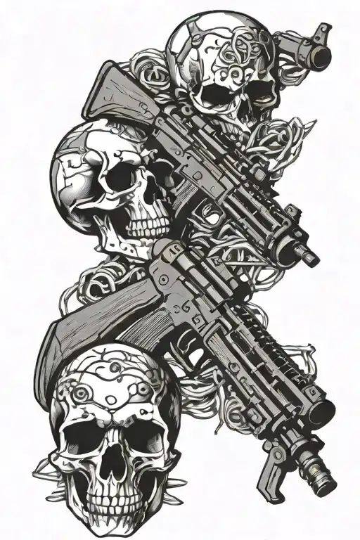 skulls Kalashnikov assault rifle barbed wire cartridges tattoo design idea