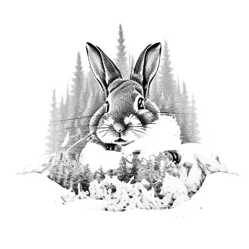 A black and grey tattoo of a snowboarder carving through a forest of creeping bentgrass, with a playful rabbit hopping nearby tattoo design idea
