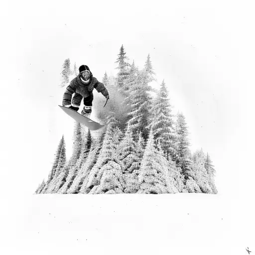 A black and grey tattoo of a snowboarder carving through a forest of creeping bentgrass, with a playful rabbit hopping nearby tattoo design idea