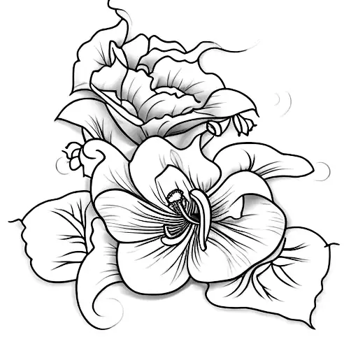 Please design a black minimalist tattoo with the flowers morning glory, larkspur, and carnation tied with a simple ribbo tattoo design idea