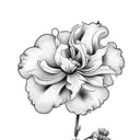 Please design a black minimalist tattoo with the flowers morning glory, larkspur, and carnation tied with a simple ribbo tattoo design idea