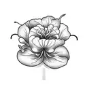 Please design a black minimalist tattoo with the flowers morning glory, larkspur, and carnation tied with a simple ribbo tattoo design idea