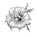 Please design a black minimalist tattoo with the flowers morning glory, larkspur, and carnation tied with a simple ribbo tattoo design idea