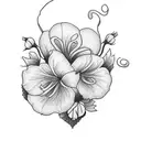 Please design a black minimalist tattoo with the flowers morning glory, larkspur, and carnation tied with a simple ribbo tattoo design idea