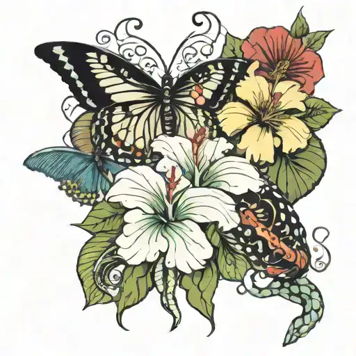 Butterflies, hibiscus, and a snake intertwined tattoo design idea