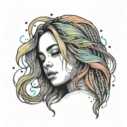 A dreamy scene of Billie Eilish floating in a sea of colorful music waves tattoo design idea