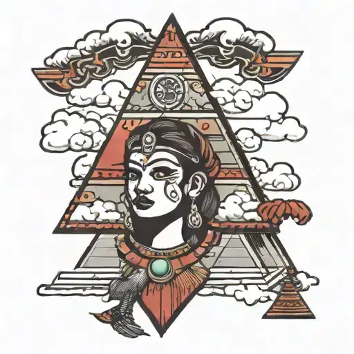 una Pirámide maya , con nativos con nubes oscuras con un sacrificio con lluvia  tattoo design idea