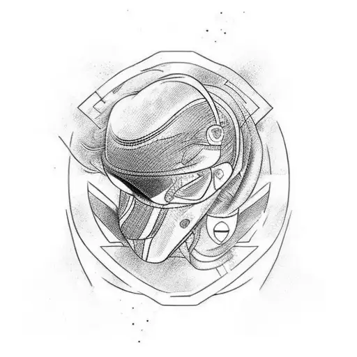 A dynamic tattoo design combining elements of motorsport and anime, with a Formula 1 car racing alongside a popular anime character. tattoo design idea