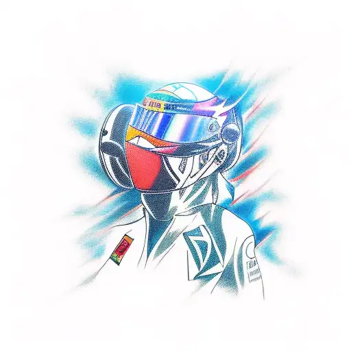 A dynamic tattoo design combining elements of motorsport and anime, with a Formula 1 car racing alongside a popular anime character. tattoo design idea