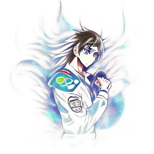 A dynamic tattoo design combining elements of motorsport and anime, with a Formula 1 car racing alongside a popular anime character. tattoo design idea