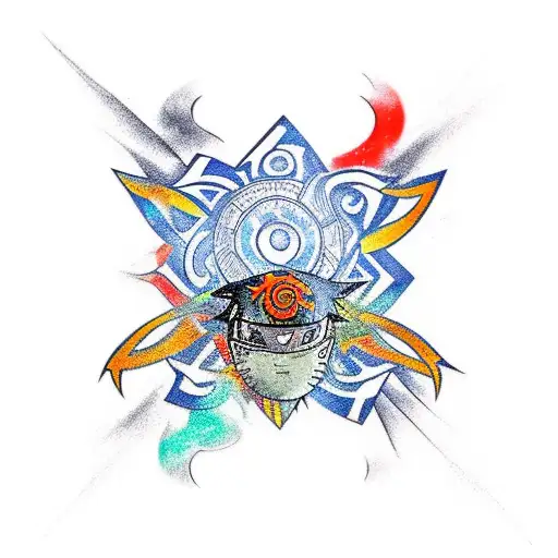A unique tattoo design merging the symbols of Naruto and Formula 1, depicting Naruto riding a race car with the famous Naruto headband fluttering in the wind. tattoo design idea