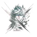 A dynamic tattoo design combining elements of motorsport and anime, with a Formula 1 car racing alongside a popular anime character. tattoo design idea