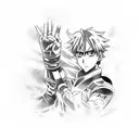 A dynamic tattoo design combining elements of motorsport and anime, with a Formula 1 car racing alongside a popular anime character. tattoo design idea