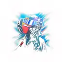 A dynamic tattoo design combining elements of motorsport and anime, with a Formula 1 car racing alongside a popular anime character. tattoo design idea