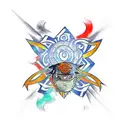 A unique tattoo design merging the symbols of Naruto and Formula 1, depicting Naruto riding a race car with the famous Naruto headband fluttering in the wind. tattoo design idea