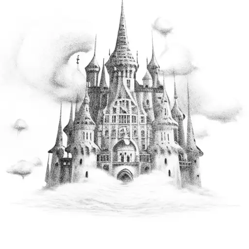 Gothic castle surrounded by storms tattoo design idea