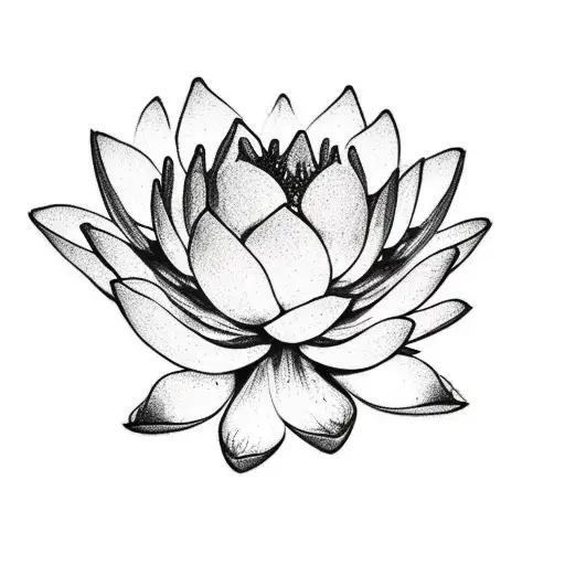 A black and grey sketch of a lotus flower blooming from a closed bud tattoo design idea