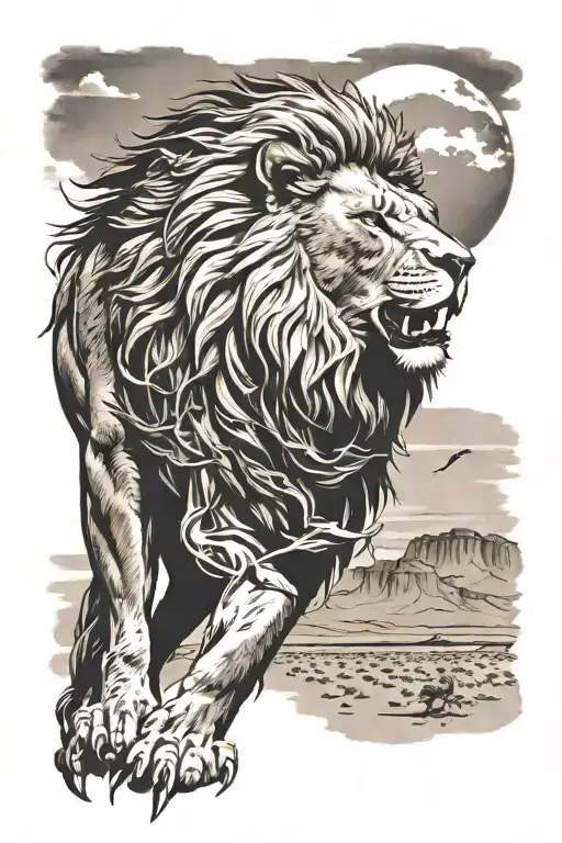 lion with a eagle flying in the background in the desert tattoo design idea