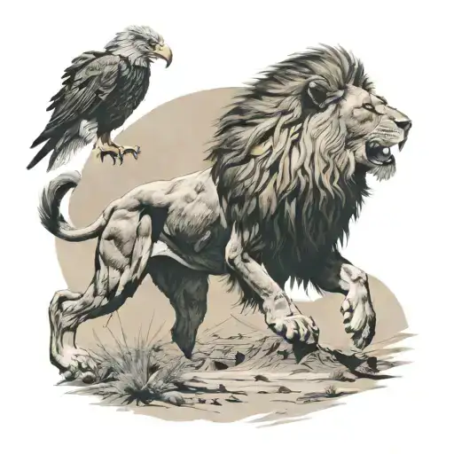 lion with a eagle flying in the background in the desert tattoo design idea