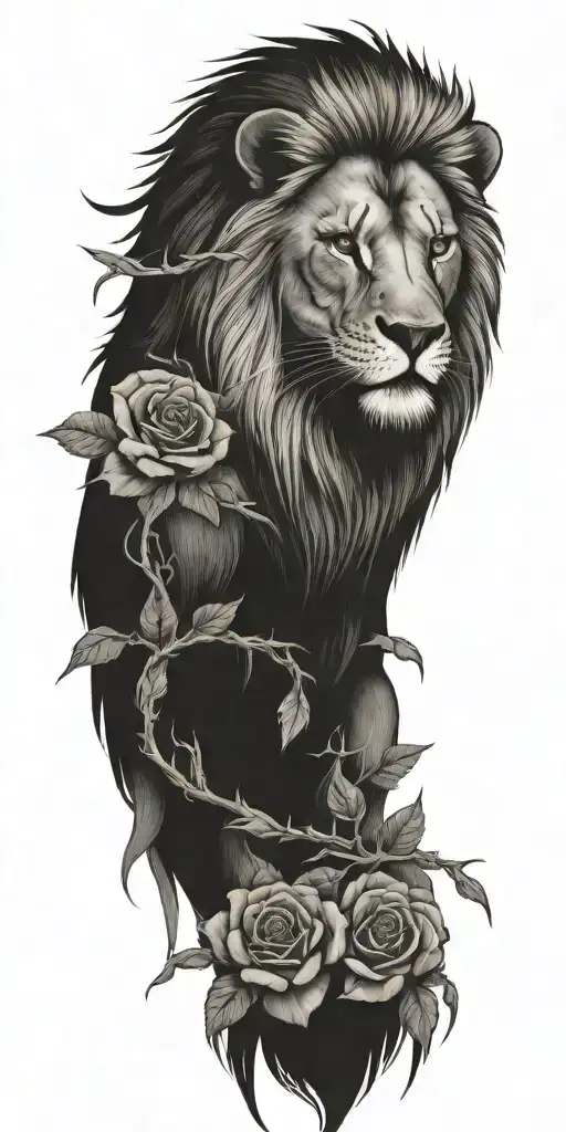 lion with a eagle and thorns and roses tattoo design idea