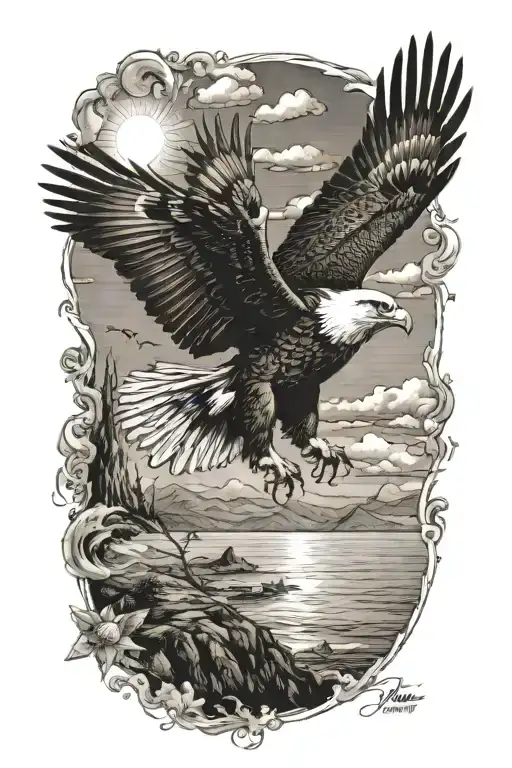 eagle flying towards the sun tattoo design idea