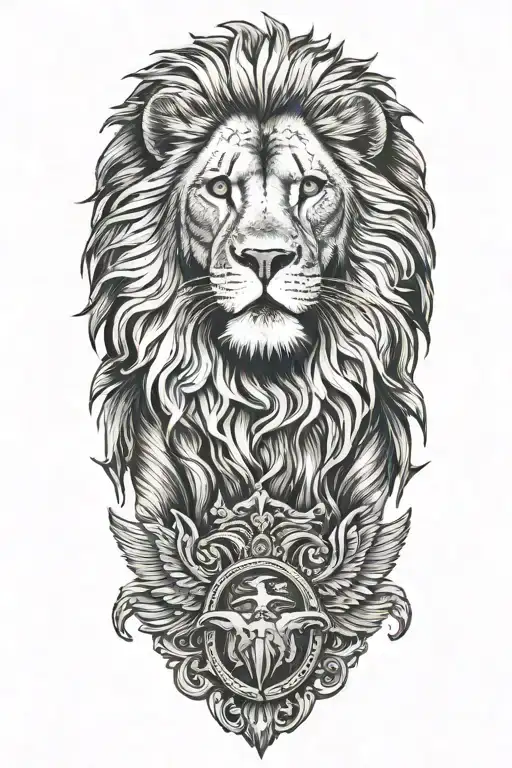 lion with a eagle flying in the background tattoo design idea