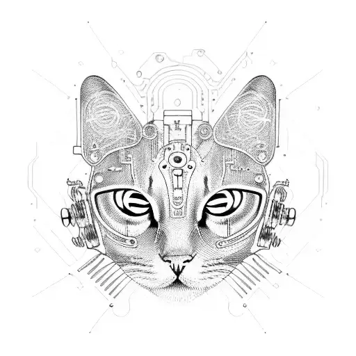 A cybernetic cat with circuitry patterns and glowing eyes tattoo design idea