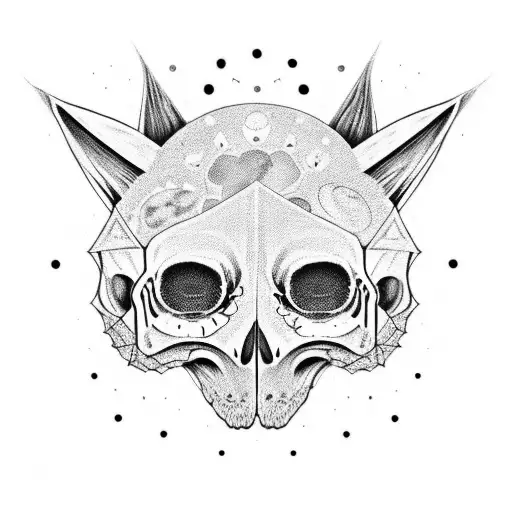 Cat skull in starry space with full moon tattoo design idea
