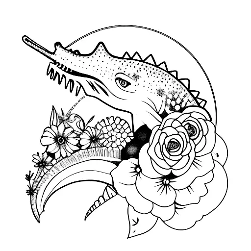 Carnotaurus with Flowers, feminine tattoo design idea
