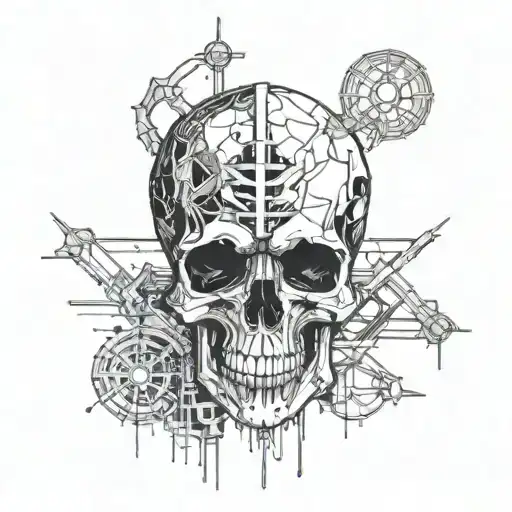 Black Gold Silver Broken decrepit Cracked and broken Skull and spine bone, dripping in blood and melting downwards. tattoo design idea